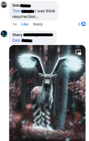 Deb: I was think resurrection. Stacy: photo of imaginary deer (or ghost of a deer) in the forest with glowing antlers and lit stripes on its legs